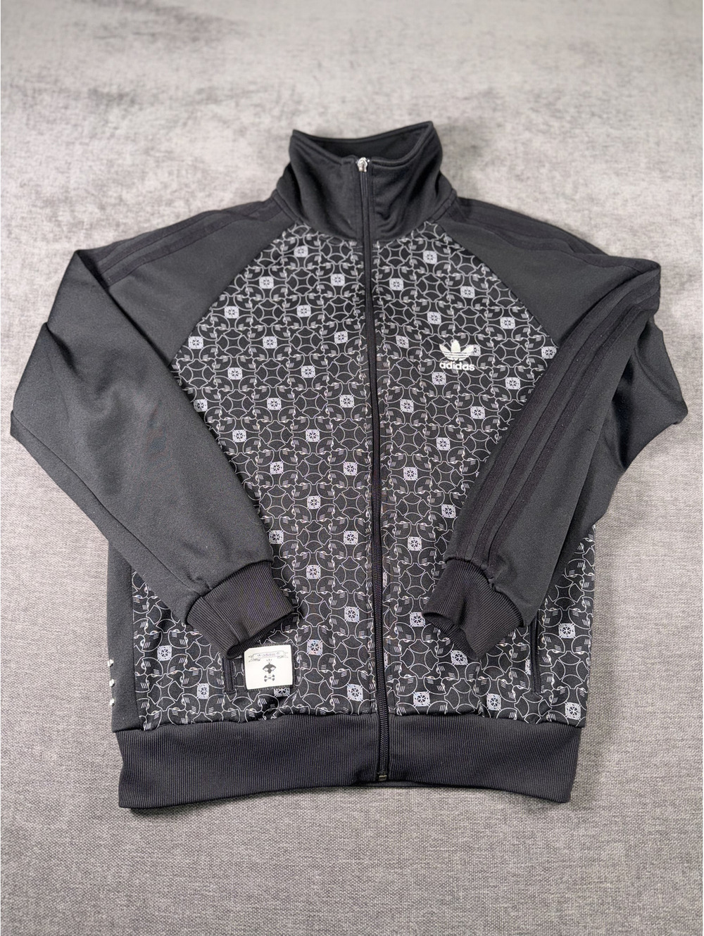 Adidas Black Track Jacket with Patterned Front and Logo Detailing
